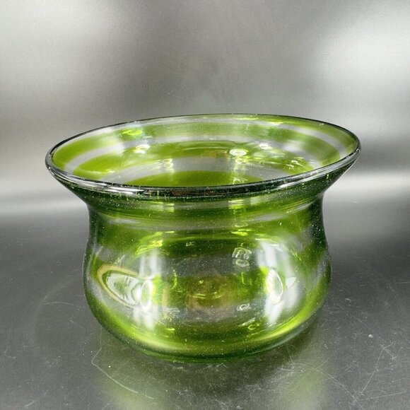 Blenko Art Glass Bowl Planter Flower Pot Hand Blown Green Clear Lines Round Vtg - Picture 13 of 16